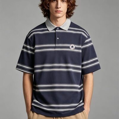 Converse Men's Navy Blue Striped Polo Shirt, Short Sleeve Contrast Grey Collar Casual Top,