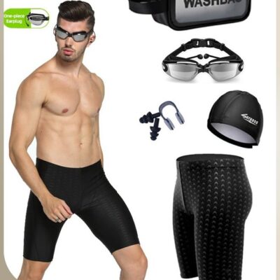 Mens Swimwear Set with Adjustable Anti Fog Swimming Goggles, Swim Cap, Nose Clip, Ear Plugs and