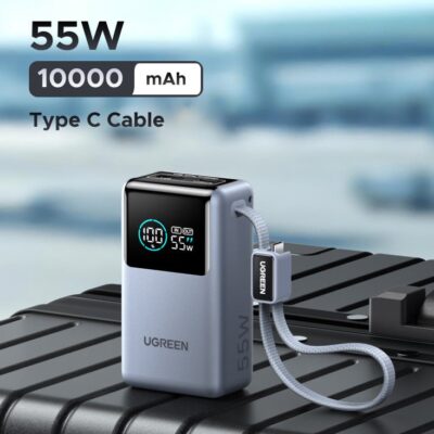 10000mAh 55W Pocket Power Bank Fast Charging with Built-in Cable