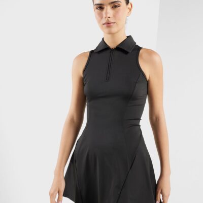 This black, sleeveless dress features a polo collar with a short zipper and a flared skirt. The