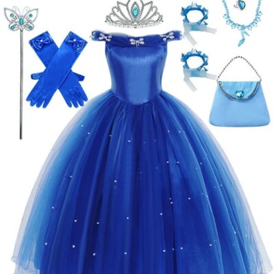 Deluxe Princess Costume Set with 7PCS Accessaries, Fancy Elegant Off Shoulder Frock, Fairy Dress
