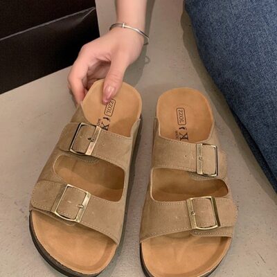 Women's Straight Cut Open Toe Slippers Frosted Soft Thick Sole Anti Slip Sandals Adjustable
