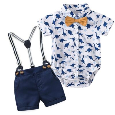 3 Piece Comortable Clothing Set for Toddler Boys, Little Gentleman Short Sleeve Romper Shirt and