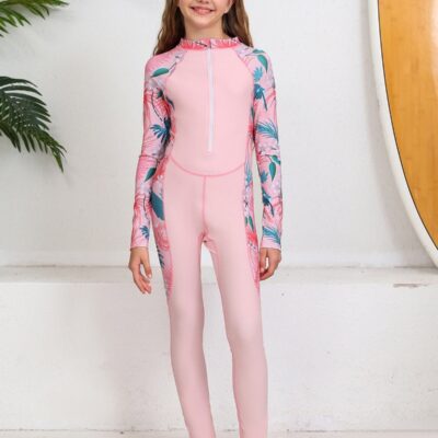 Girls One-Piece Zipper Sun Protection Swimsuit, Long Sleeve Long Pants Wetsuit for Kids, Swimwear