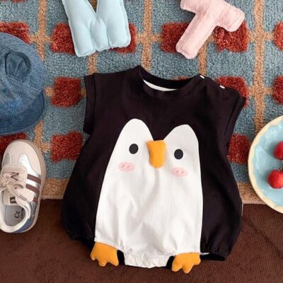 Baby Boys Penguin Romper, Sleeveless Round Neck Baby Jumpsuit with Snap Closure, Cozy One-piece