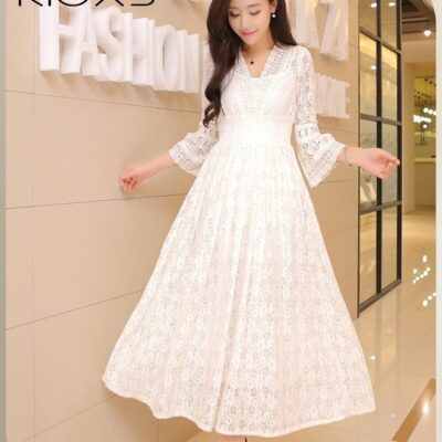 Women's Long Sleeve Floral Lace Maxi Dress, Elegant A-Line V-neck Long Flared Sleeve Party Dress,