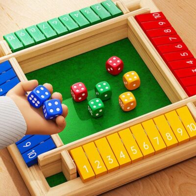 Classic Wooden Shut the Box Game (2-4 Players) – 4-Sided Board with 8 Dice & Number Tiles, Fun &