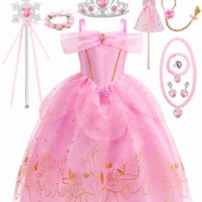 Deluxe Princess Costume Set with 8PCS Accessaries, Fancy Elegant Off Shoulder Frock, Fairy Dress