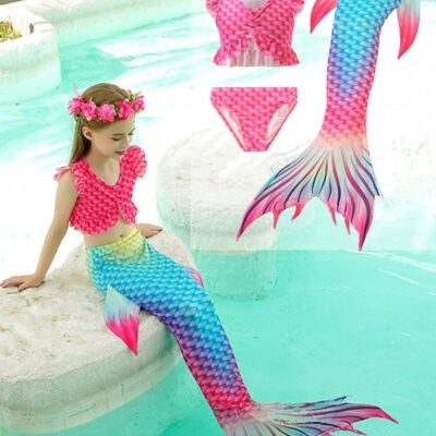 Kids Mermaid Princess Dress Up Swimsuit Girls 3 Piece Bikini Set with Mermaid Tail Cosplay Costume
