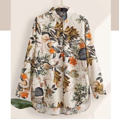 Woman Floral Long Sleeve Shirt, Summer Elegant Loose Fit Blouse, Vintage Boho Tropical Leaf Print