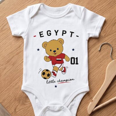 FIFA Egypt Football Printed Unisex Baby Onesie, Little Champion Teddy Graphic, Soft Cotton Infant