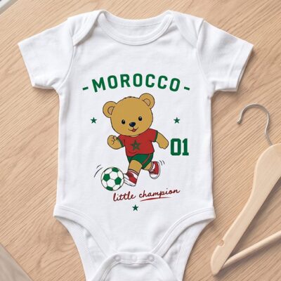 FIFA Morocco Football Printed Unisex Baby Onesie, Little Champion Teddy Graphic, Soft Cotton Infant