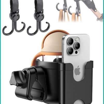 Stroller Cup Holder with Phone Storage Box with 2-Piece Stroller Hooks, Anti-Slip Stroller