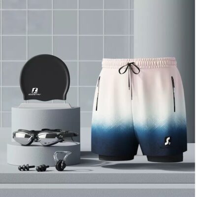 Adult Men's Short Gradient Swimming Trunks Set with Professional Anti-Fog Swim Goggles Nose Clip