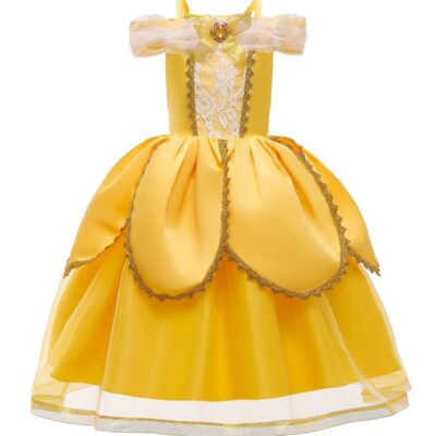 Girls Princess Dress Children Princess Cosplay Dress Kids Party Attire, 4 Layer Skirt Yellow