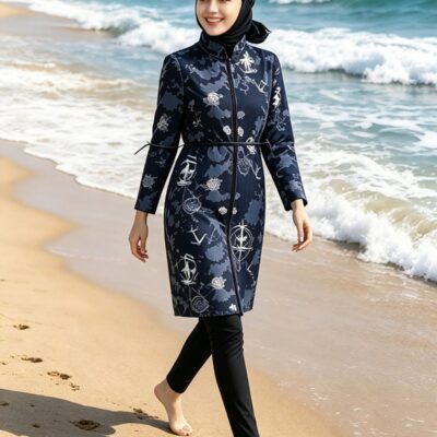 Muslim Long Burkini - Full-Coverage Modest Swimsuit, Zip Long-Sleeve Cinched Waist UV-Protective