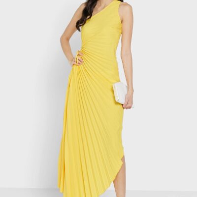 This bright yellow dress features a one-shoulder neckline and a fitted bodice that flows into a