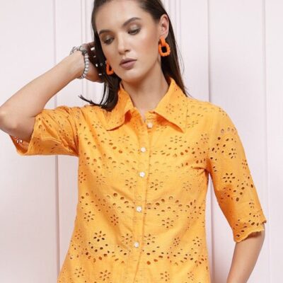 This Mustard Yellow Schiffli Cotton Shirt is a stylish addition to your casual wardrobe. Crafted
