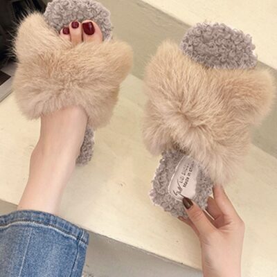 Furry Slippers for Women, Fuzzy Plush Slippers Women's Bedroom Slippers, Fluffy Open Toe Home