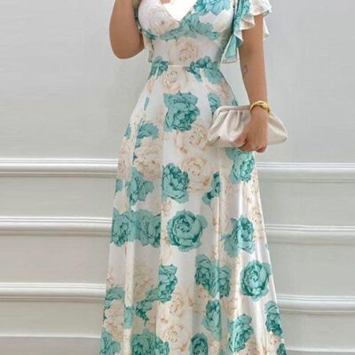 Women's V-neck Floral Maxi Dress, Elegant Boho Summer A-line High Waist Dress Features Ruffle Short