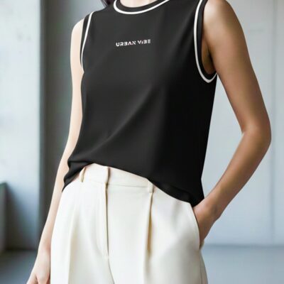 Ladies Sleeveless Cotton T-Shirt Black Breathable Contrast Piping Tank Top Soft Stretchable Women’s