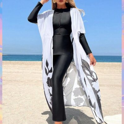 Burkini Swimwear 3-Piece Swimsuits Set Long Sleeve Chiffon cover-up Dress Style Full Cover