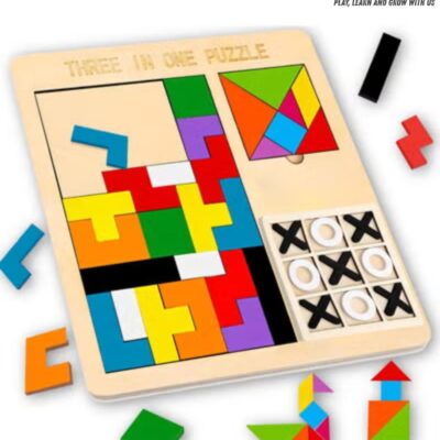 3-in-1 Puzzle Game for Kids - Educational Colorful Square Tangram, Chess, & Tic-Tac-Toe -