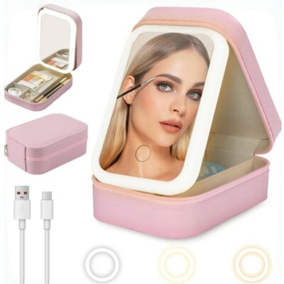Portable Makeup Jewelry Box with LED Mirror, Small Makeup Bag with Light Mirror, Three-Color