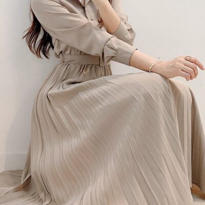 Elegant Lapel Shirt Dresses for Women French Solid Color Long Sleeve Buttoned Pleated Hem High