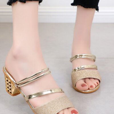Women's Heeled Sandals, Fashion Strappy Chunky Heels Sandals, Ladies Sparkly Square Block Open Toe