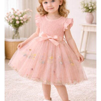 Girls Floral Embroidered Tulle Dress with Bow – Soft Knit Bodice Party Dress for Girls 2-3 Years,