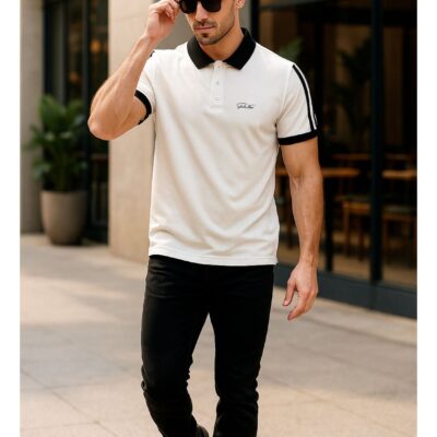 Men’s Stretchable Cotton Polo Shirt – Short Sleeves, Breathable, White & Black – Perfect for Office