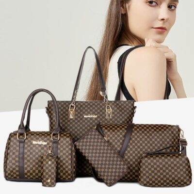 6 Pcs Handbags Set for Women, Dark Brown PU Leather Printing Pattern Purse Sets, Ladies Fashion