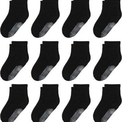 12 Pairs Non Slip Grip Ankle Boys and Girls Socks with Non Skid for Babies Toddlers and Kids Back