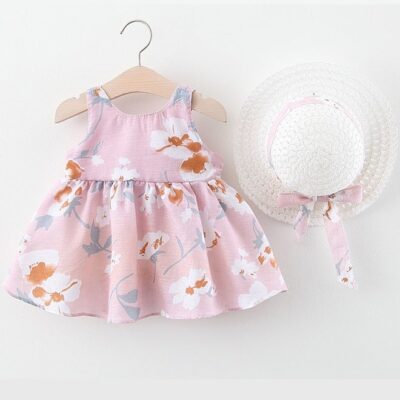 Baby Girl Dress Set with Hat, Stylish Spaghetti Strap Dress with Floral Patterns and Big Bowknot,