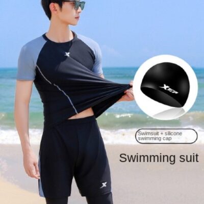 Men's Swimming Suit And Cap Set, Separated Anti-embarrassment Large Size Double-layer Swim Trunks