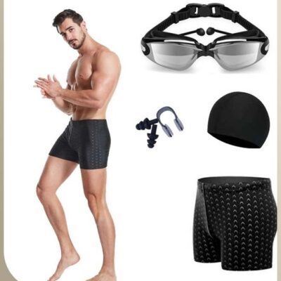 Adult Men's Short Swim Trunks Set with Professional Anti-Fog Swim Goggles Nose Clip Ear Plugs and