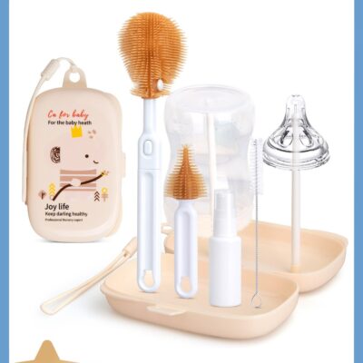 Baby Bottle Cleaning Kit with Silicone Brush, Nipple Brush, Straw Brush and Drying Rack - 6 in 1
