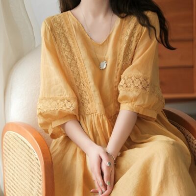 Women’s V Neck Puff-Sleeved Dress Vintage Lace-Spliced Hollow-Out Maxi Dress for Summer Linen Sun