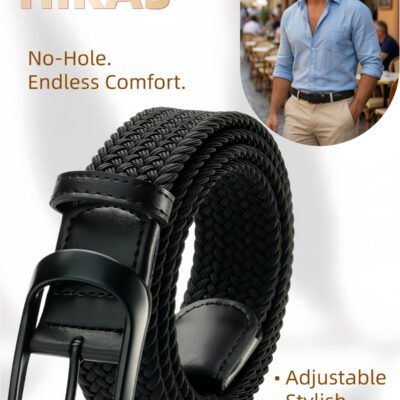 No-Hole Adjustable Elastic Belt for Men, Woven Stretch Belt with Metal Buckle – Formal & Casual