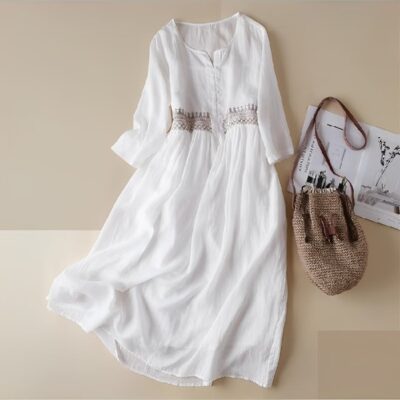 Women's Embroidered Dress Cotton Linen Long Dress V Neck Long Sleeve Floral Midi A-line Dress Flowy