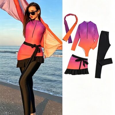 4 Piece Women's Swimsuit, Beach Sun Protection Clothing, Conservative Style Long Sleeve Swimwear,