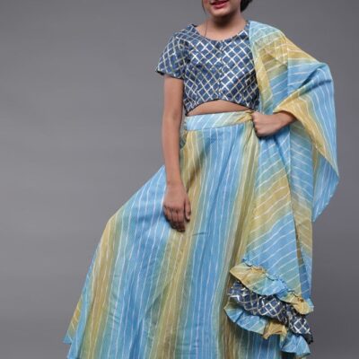 This beautiful blue and yellow lehenga choli set is perfect for young girls who love to dress up.