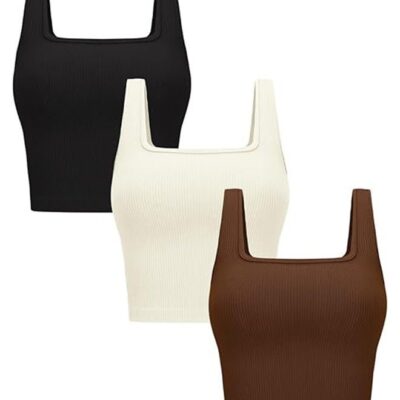 Womens 3 Pack Crop Tank Tops Basic Seamless Ribbed Sleeveless Square Neck Workout Top Summer