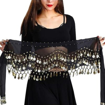 Imported Belly Dance Wrap Belt Skirt Black With Gold Coins Suitable For 8+ Years One Size for
