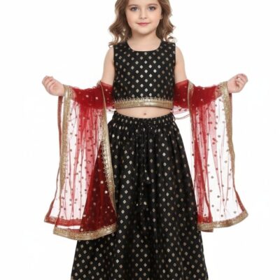 This stunning black and gold lehenga set is perfect for special occasions. The outfit features a