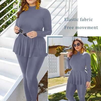 Women Conservative Swimsuit Set Muslim Ruffled Hem Swimwear Swimming Trousers Cap Ladies Beachwear