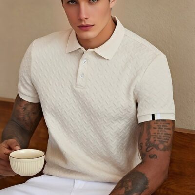 Men's Casual Short-Sleeve Polo Shirt - Breathable Geometric Knit Fabric with Button Placket