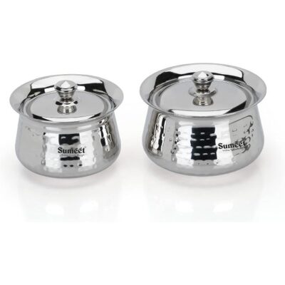 Sumeet Stainless Steel Handcrafted Hammered Texture Handi Set with Lids – 2 Pieces (460ml & 650ml) for Kitchen, Durable & Corrosion-Resistant, Dishwasher Safe, Silver
