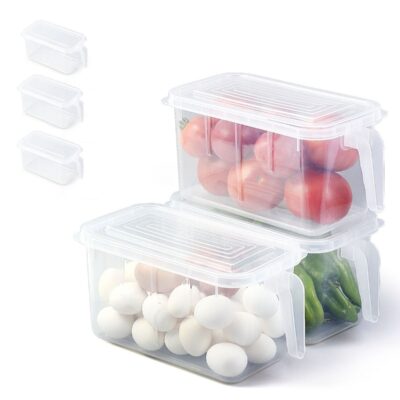 3 Piece Refrigerator Organizer, Stackable Plastic Kitchen Food Storage Containers with Lids and Handles for Fruits Vegetables, Freezer Safe Boxes Transparent